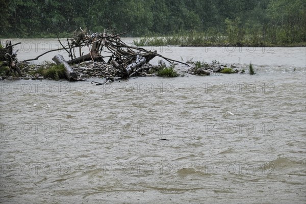 Flood, continuous rain, river, rain, flooding, Upper Bavaria, force of nature, climate, climate change, environment, river bank, storm, disaster, Isar, Lenggries, Bavaria, Germany, Europe