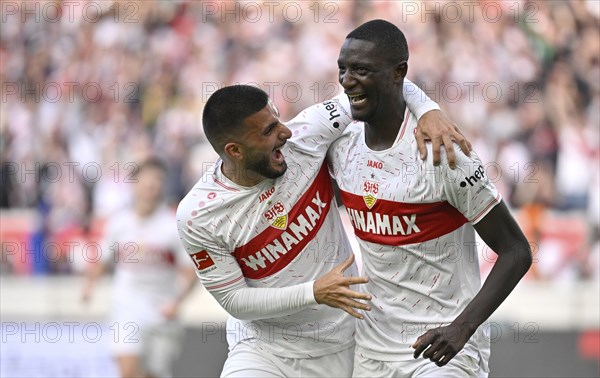 Goal celebration Serhou Guirassy VfB Stuttgart (09) with Deniz Undav VfB Stuttgart (26) MHPArena, MHP Arena Stuttgart, Baden-Württemberg, Germany, Europe