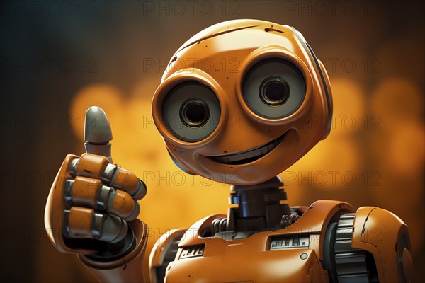 Orange robot showing a thumbs up gesture. The friendly robot has big round eyes and a friendly smile. Concept of artificial intelligence technology approval agreement, success, friendliness, AI generated