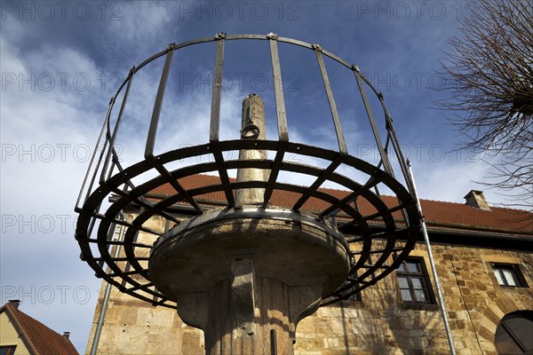 Historic pillory in front of the heritage-protected town hall, Obermarsberg, Marsberg, Sauerland, North Rhine-Westphalia, Germany, Europe