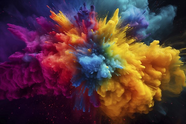 Holi background, vibrant and colorful powder smoke explosion on black background, AI generated