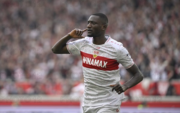 Goal celebration Serhou Guirassy VfB Stuttgart (09) Gesture, Gesture, MHPArena, MHP Arena Stuttgart, Baden-Württemberg, Germany, Europe