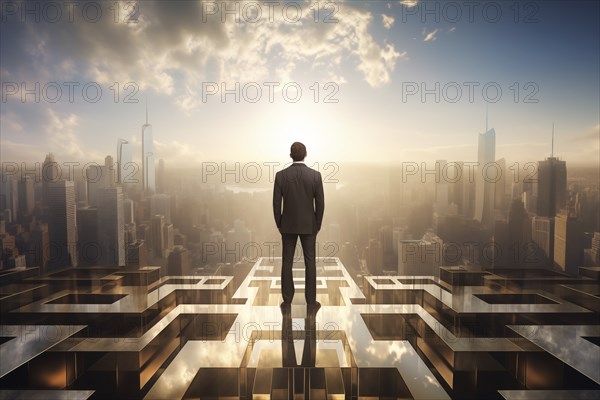 Man in a suit standing on a rooftop with a view of the city skyline at sunrise with clouds and rising sun on horizon. Concept of ambition, success, and leadership, AI generated