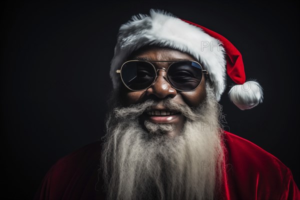 Modern black Santa Claus in Santa hat with sunglasses and long white beard, smiling while looking at camera against a dark background. Festive and cheerful spirit of the holiday season, AI generated