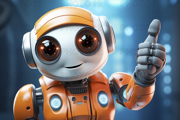 Orange robot showing a thumbs up gesture. The friendly robot has big round eyes and a friendly smile. Concept of artificial intelligence technology approval agreement, success, friendliness, AI generated