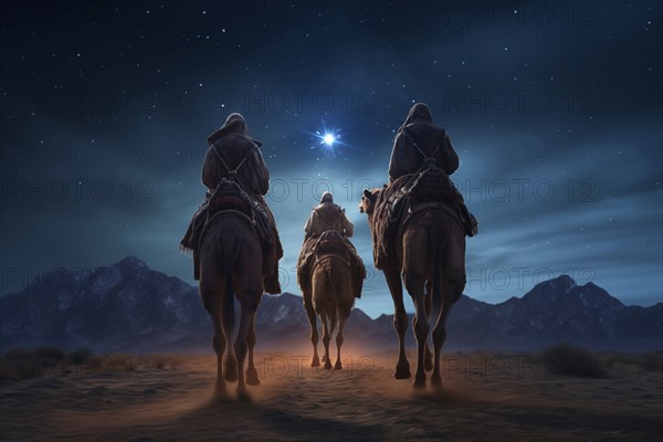 Christmas Jesus birth concept, Adoration of the Magi, Three Wise Men, Three Kings, and the Three biblical Magi with camel silhouettes journeying in sand dunes of desert follow Bethlehem star at night, AI generated