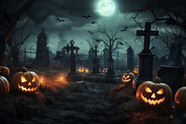 Halloween concept, spooky graveyard at night under full moon with Halloween jack-o-lantern pumpkins with glowing eyes, graves and tombstones, AI generated