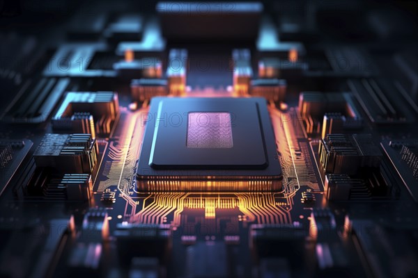 Close-up of a computer processor chip CPU on a motherboard with glowing neon lights. The chip is surrounded by other electronic components. Technology and hardware related content, AI generated