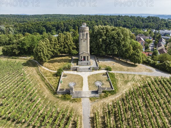 Aerial view of the Bismarck Tower on the Raiteberg in the northern part of the city of Constance, vineyards on Lake Constance, Constance County, Baden-Württemberg, Germany, Europe