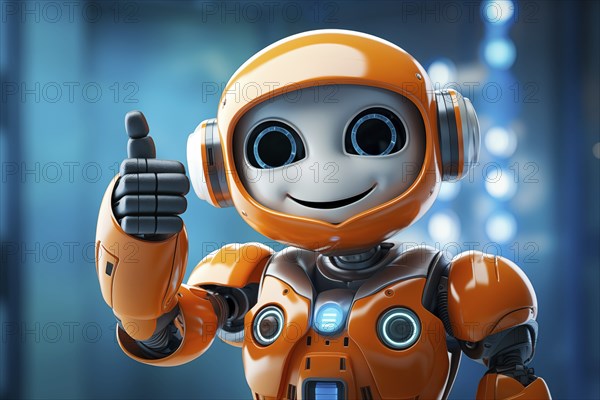 Orange robot showing a thumbs up gesture. The friendly robot has big round eyes and a friendly smile. Concept of artificial intelligence technology approval agreement, success, friendliness, AI generated