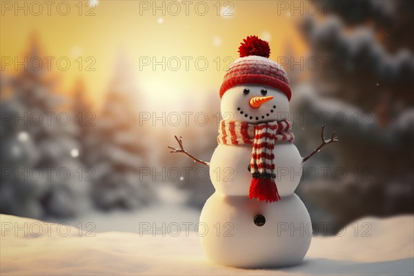 Smiling cute snowman with a red scarf and hat in a winter forest landscape at sunset. Concept the holiday season and cold weather, AI generated