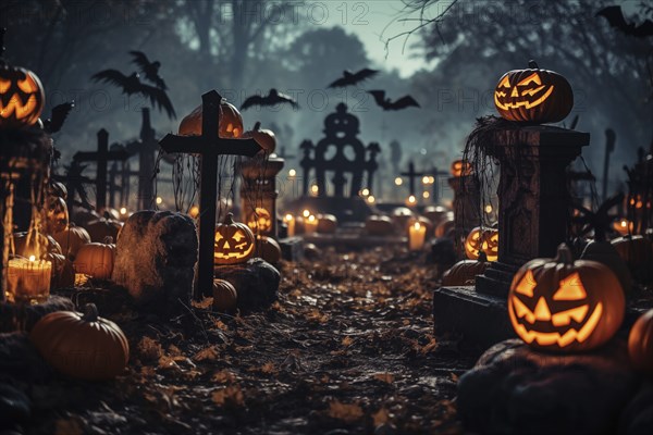 Halloween concept, spooky graveyard at night under full moon with Halloween jack-o-lantern pumpkins with glowing eyes, graves and tombstones, AI generated