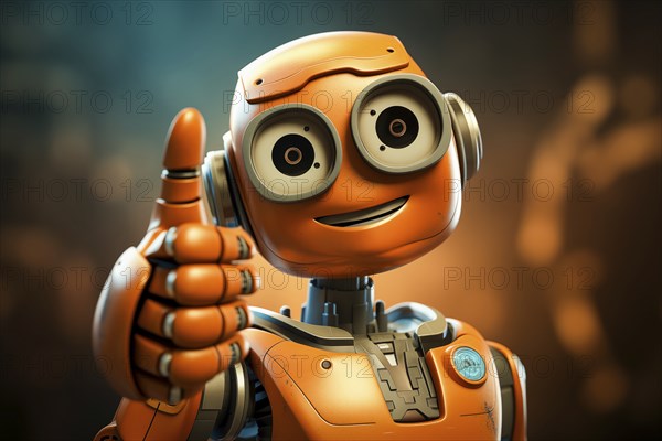 Orange robot showing a thumbs up gesture. The friendly robot has big round eyes and a friendly smile. Concept of artificial intelligence technology approval agreement, success, friendliness, AI generated