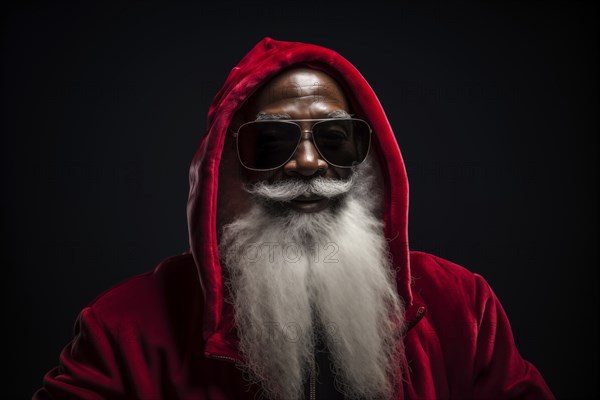 A modern black Santa Claus in Santa hat with sunglasses and a long white beard, smiling looking at camera against a dark background, AI generated