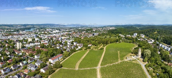 Aerial panorama of the Bismarck Tower on the Raiteberg in the northern part of the city of Constance, viticulture at Lake Constance, Constance County, Baden-Württemberg, Germany, Europe