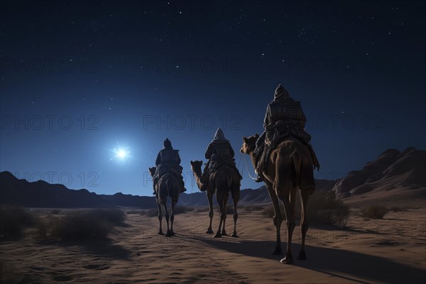 Christmas Jesus birth concept, Adoration of the Magi, Three Wise Men, Three Kings, and the Three biblical Magi with camel silhouettes journeying in sand dunes of desert follow Bethlehem star at night, AI generated