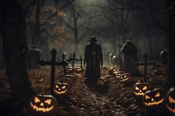 Halloween concept, spooky graveyard at night under full moon with Halloween jack-o-lantern pumpkins with glowing eyes, graves and tombstones, AI generated