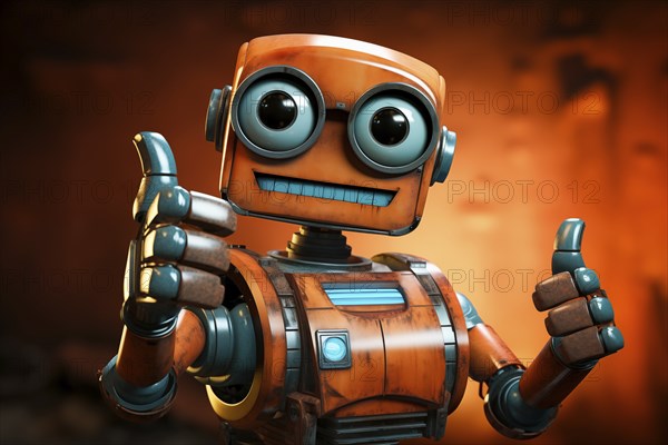 Orange robot showing a thumbs up gesture. The friendly robot has big round eyes and a friendly smile. Concept of artificial intelligence technology approval agreement, success, friendliness, AI generated