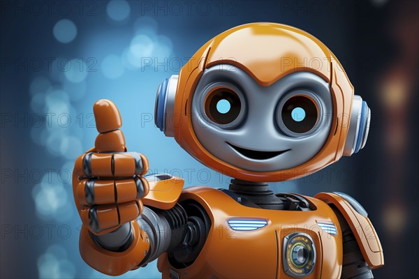 Orange robot showing a thumbs up gesture. The friendly robot has big round eyes and a friendly smile. Concept of artificial intelligence technology approval agreement, success, friendliness, AI generated