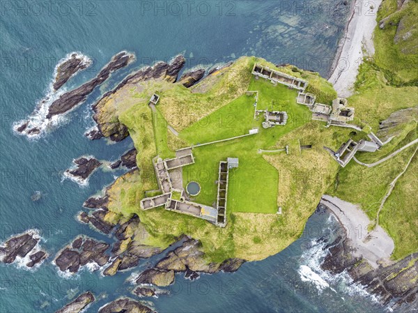 Aerial view of Dunnottar Castle ruins on the North Sea coast, Stonehaven, Aberdeenshire, Scotland, United Kingdom, Europe