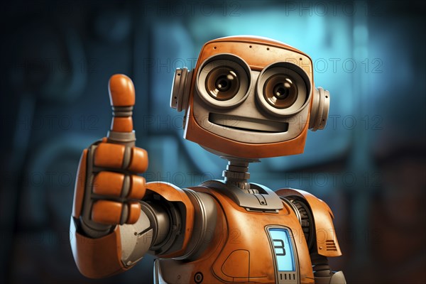 Orange robot showing a thumbs up gesture. The friendly robot has big round eyes and a friendly smile. Concept of artificial intelligence technology approval agreement, success, friendliness, AI generated