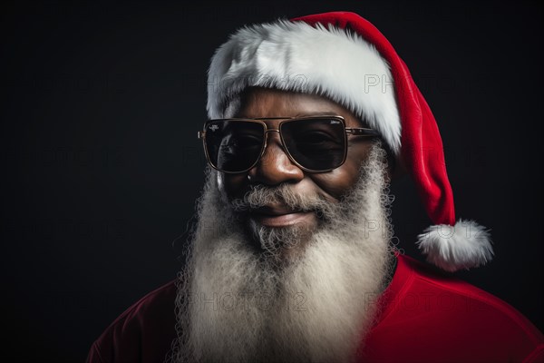 Modern black Santa Claus in Santa hat with sunglasses and long white beard, smiling while looking at camera against dark background. Festive and cheerful spirit of the holiday season, AI generated