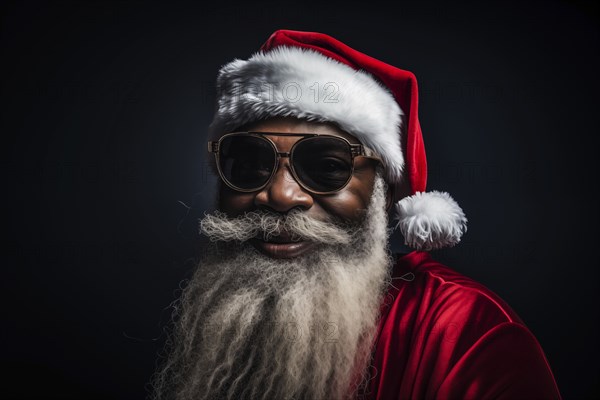 Modern black Santa Claus in Santa hat with sunglasses and long white beard, smiling while looking at camera against a dark background. Festive and cheerful spirit of the holiday season, AI generated