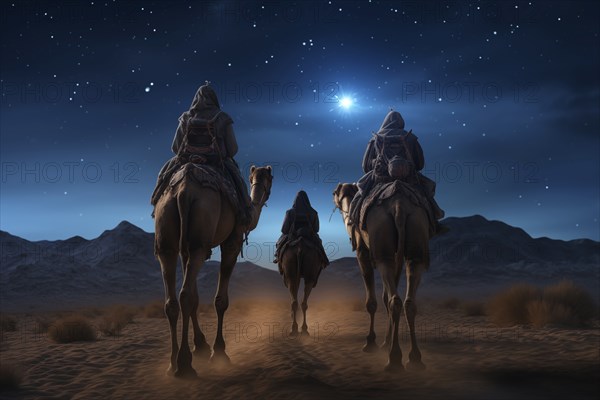 Christmas Jesus birth concept, Adoration of the Magi, Three Wise Men, Three Kings, and the Three biblical Magi with camel silhouettes journeying in sand dunes of desert follow Bethlehem star at night, AI generated