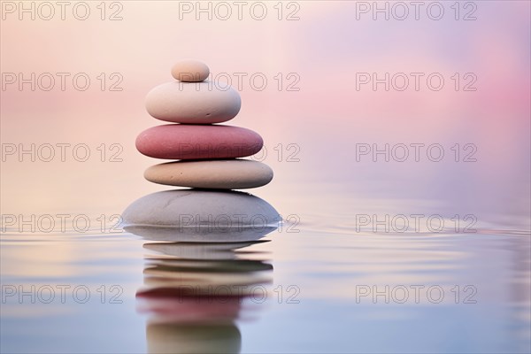 Stack of zen stones on water with a nature background. The image conveys a sense of balance, harmony, and peace. Suitable for use in wellness, therapy, and relaxation concepts, AI generated