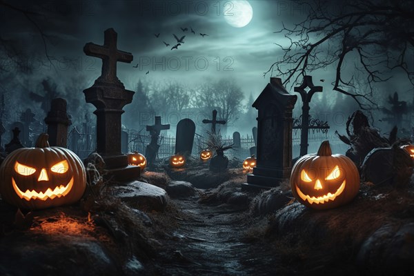 Halloween concept, spooky graveyard at night under full moon with Halloween jack-o-lantern pumpkins with glowing eyes, graves and tombstones, AI generated