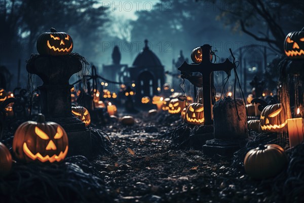 Halloween concept, spooky graveyard at night under full moon with Halloween jack-o-lantern pumpkins with glowing eyes, graves and tombstones, AI generated