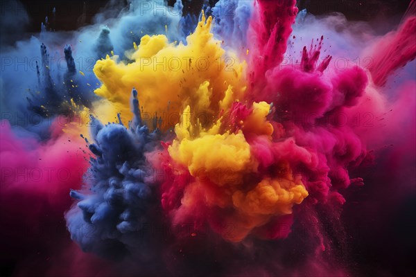 Holi background, vibrant and colorful powder smoke explosion on black background, AI generated