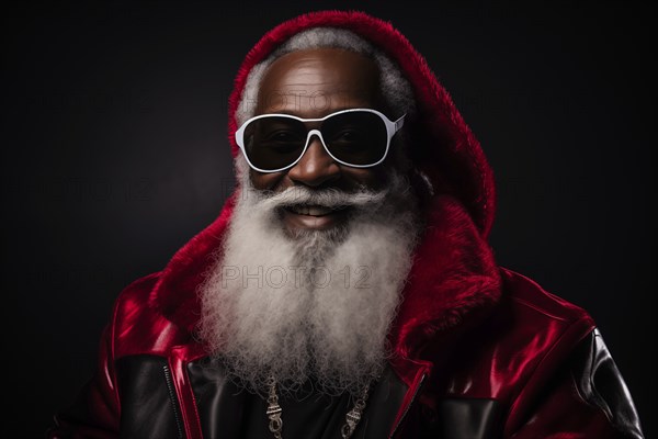 Modern black Santa Claus in Santa hat with sunglasses and long white beard, smiling while looking at camera against a dark background. Festive and cheerful spirit of the holiday season, AI generated