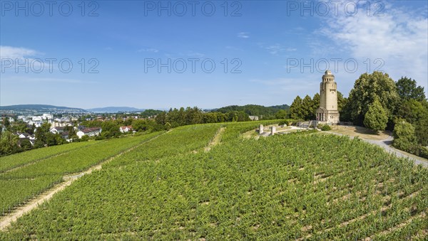 Aerial panorama of the Bismarck Tower on the Raiteberg in the northern part of the city of Constance, viticulture at Lake Constance, Constance County, Baden-Württemberg, Germany, Europe