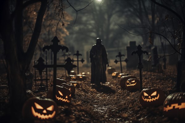 Halloween concept, spooky graveyard at night under full moon with Halloween jack-o-lantern pumpkins with glowing eyes, graves and tombstones, AI generated