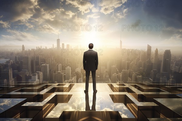 Man in a suit standing on a rooftop with a view of the city skyline at sunrise with clouds and rising sun on horizon. Concept of ambition, success, and leadership, AI generated