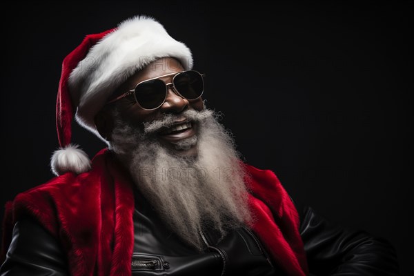 A modern black Santa Claus in Santa hat with sunglasses and a long white beard, smiling looking at camera against a dark background, AI generated