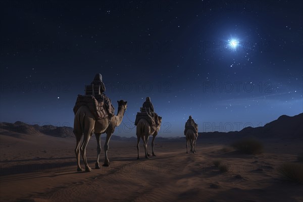 Christmas Jesus birth concept, Adoration of the Magi, Three Wise Men, Three Kings, and the Three biblical Magi with camel silhouettes journeying in sand dunes of desert follow Bethlehem star at night, AI generated