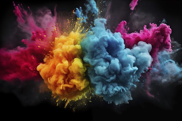 Holi background, vibrant and colorful powder smoke explosion on black background, AI generated