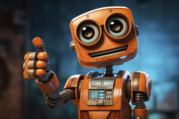 Orange robot showing a thumbs up gesture. The friendly robot has big round eyes and a friendly smile. Concept of artificial intelligence technology approval agreement, success, friendliness, AI generated