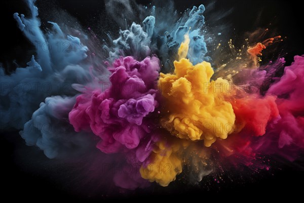 Holi background, vibrant and colorful powder smoke explosion on black background, AI generated