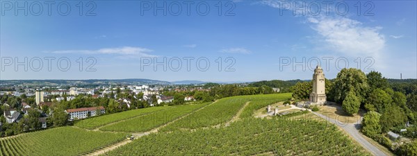 Aerial panorama of the Bismarck Tower on the Raiteberg in the northern part of the city of Constance, viticulture at Lake Constance, Constance County, Baden-Württemberg, Germany, Europe