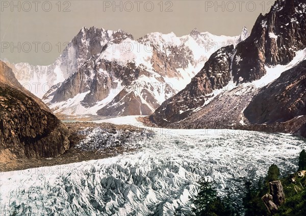 Glaciers, The Mer de Glace, Aiguille du Geant and Les Grandes Jorasses, Chamonix Valley, France, c. 1890, Historic, digitally enhanced reproduction of a photochrome print from 1895, Europe