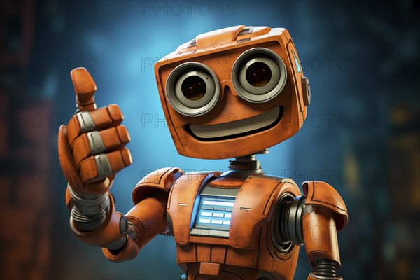 Orange robot showing a thumbs up gesture. The friendly robot has big round eyes and a friendly smile. Concept of artificial intelligence technology approval agreement, success, friendliness, AI generated