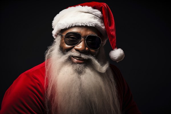 Modern black Santa Claus in Santa hat with sunglasses and long white beard, smiling while looking at camera against a dark background. Festive and cheerful spirit of the holiday season, AI generated