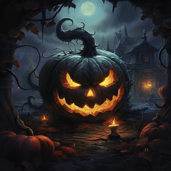 Halloween concept, Halloween jack-o-lantern with glowing eyes, and spooky haunted house at night illustration, AI generated