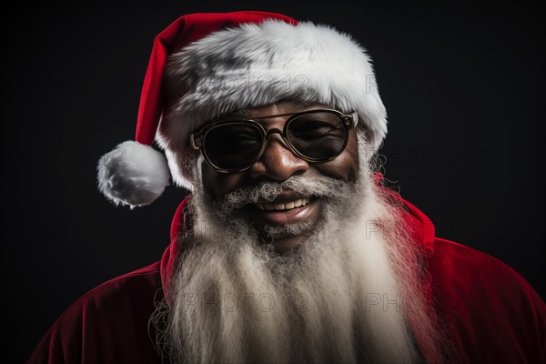 A modern black Santa Claus in Santa hat with sunglasses and a long white beard, smiling looking at camera against a dark background, AI generated