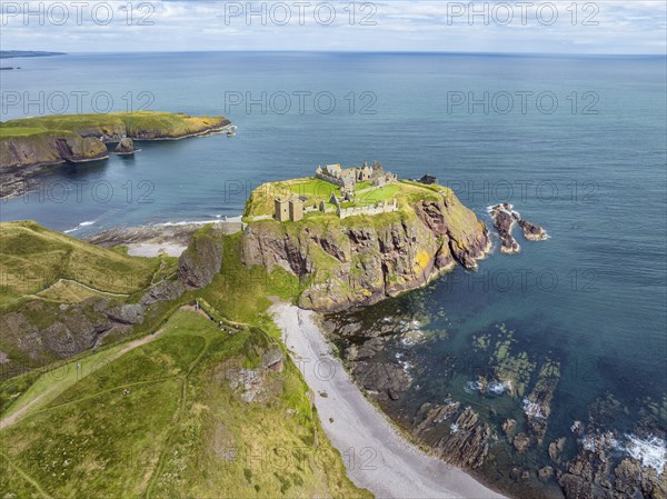 Aerial view of Dunnottar Castle ruins on the North Sea coast, Stonehaven, Aberdeenshire, Scotland, United Kingdom, Europe