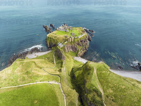 Aerial view of Dunnottar Castle ruins on the North Sea coast, Stonehaven, Aberdeenshire, Scotland, United Kingdom, Europe