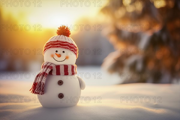 Smiling cute snowman with a red scarf and hat in a winter forest landscape at sunset. Concept the holiday season and cold weather, AI generated